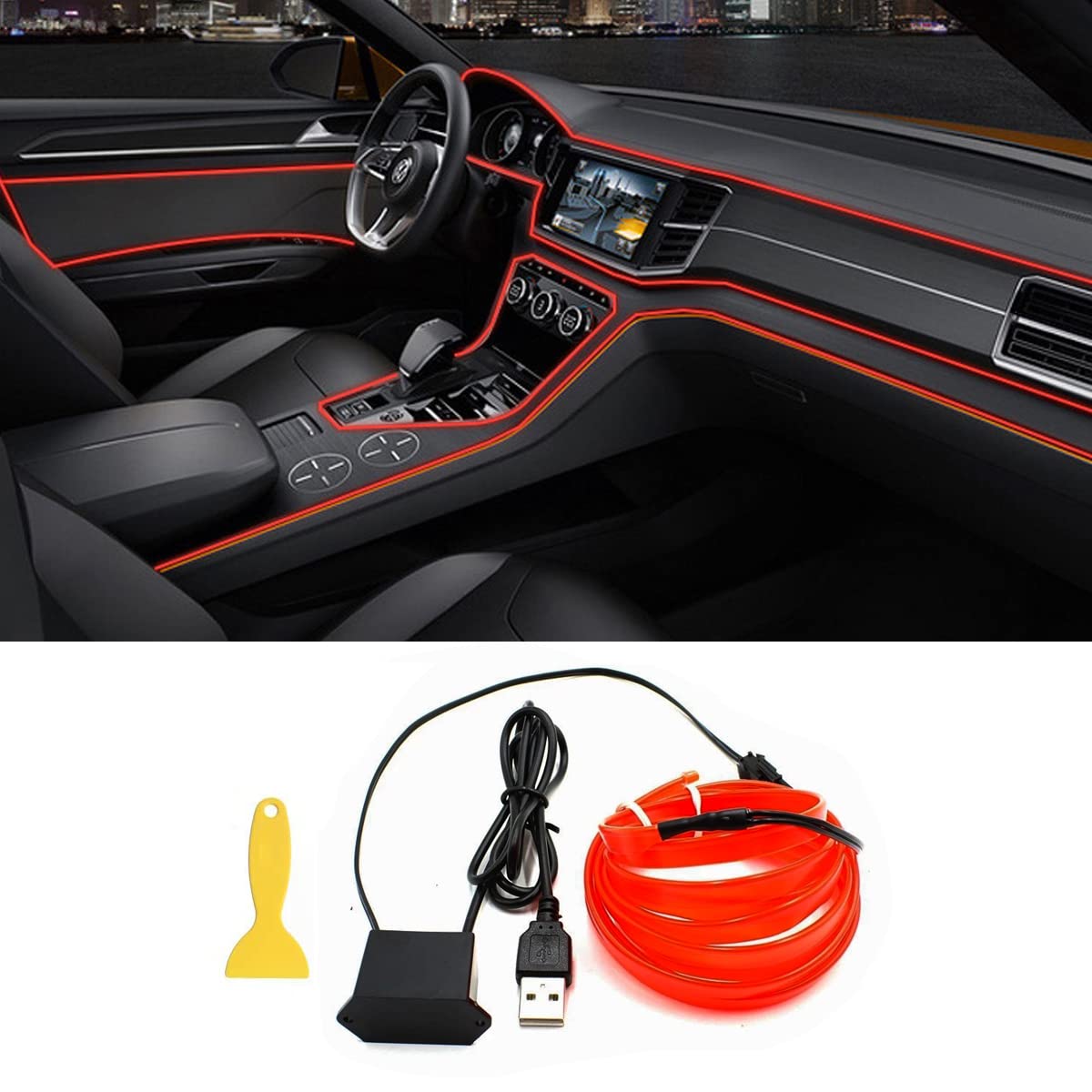 Qvevdacar El Wire Interior Car Led Strip Lights, Usb Neon Glowing Strobing Electroluminescent Wire Lights With 6Mm Sewing Edge, Ambient Lighting Kits For Cars Garden Decorations (5M/16.5Ft, Red)